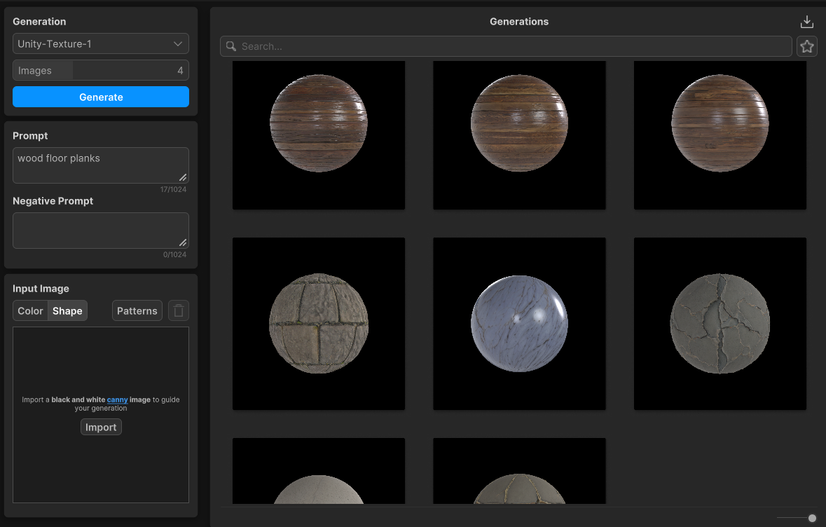 Unity Muse Texture interface showing generated materials.