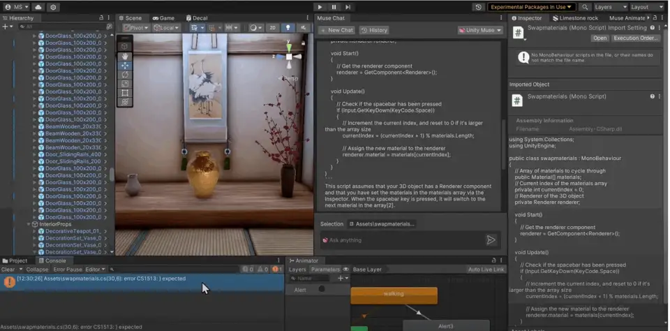 Unity Muse Chat helps troubleshoot a console error inside the Editor.