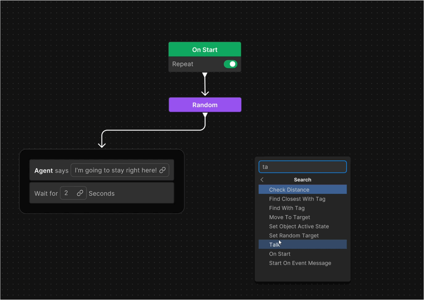 Unity Muse Behavior graph with readable nodes for character actions.