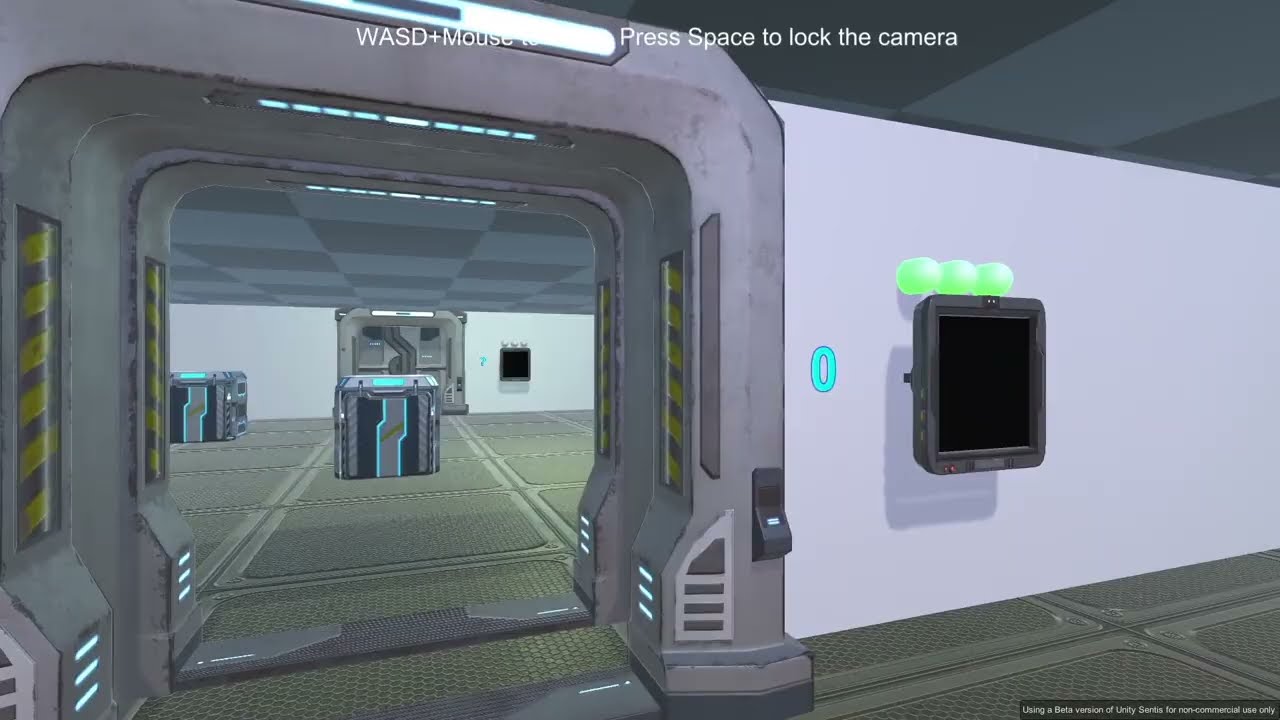 Unity Sentis digit-recognition sample: a sci-fi room with an open doorway and a wall-mounted input panel.