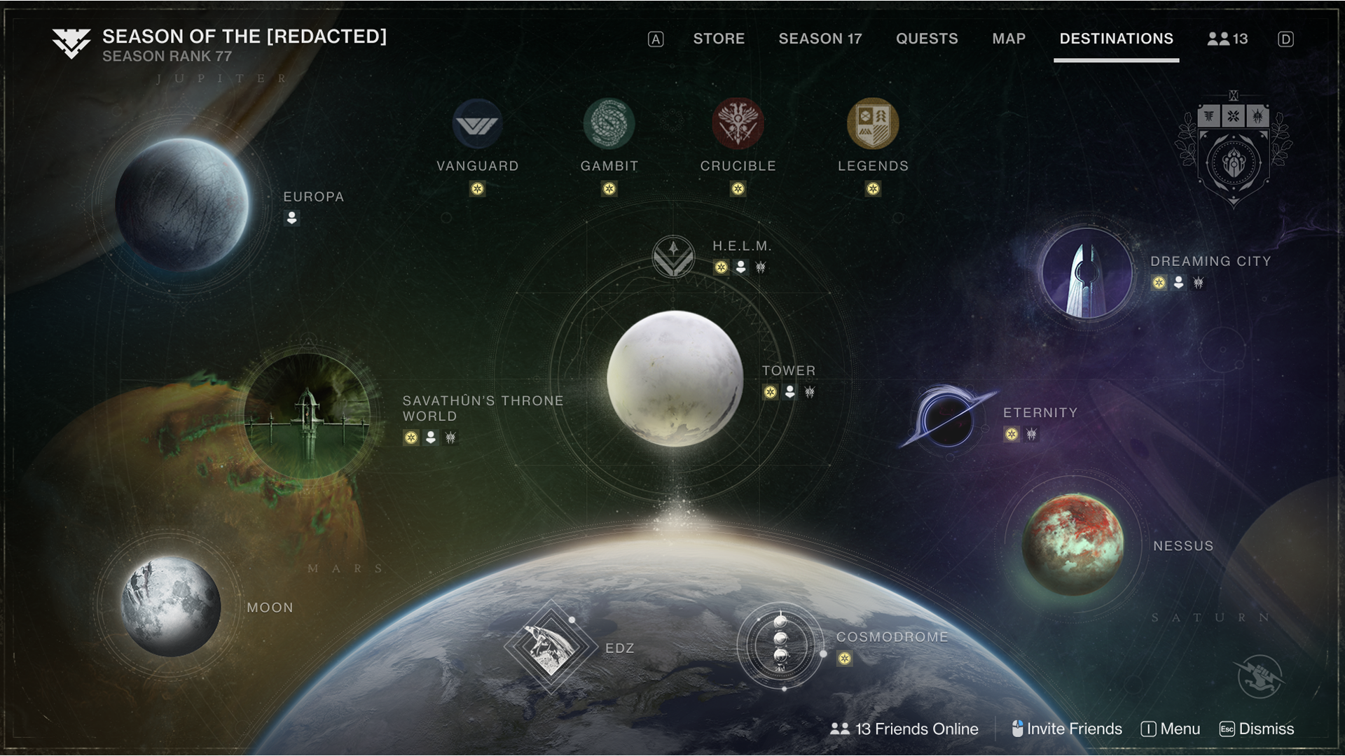 Click to enlarge image Destiny 2 Destinations screen showing Europa, Savathûn’s Throne World, the Tower, and other worlds and activity destinations.