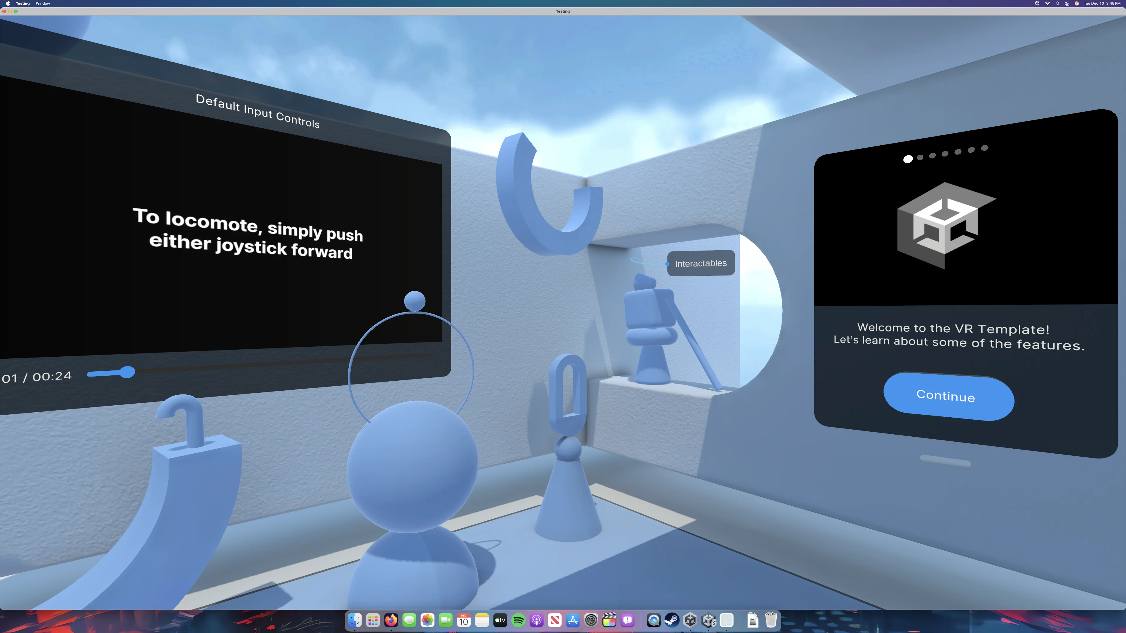 Unity XR Platform — VR Template onboarding scene with spatial instructions and interactive objects.