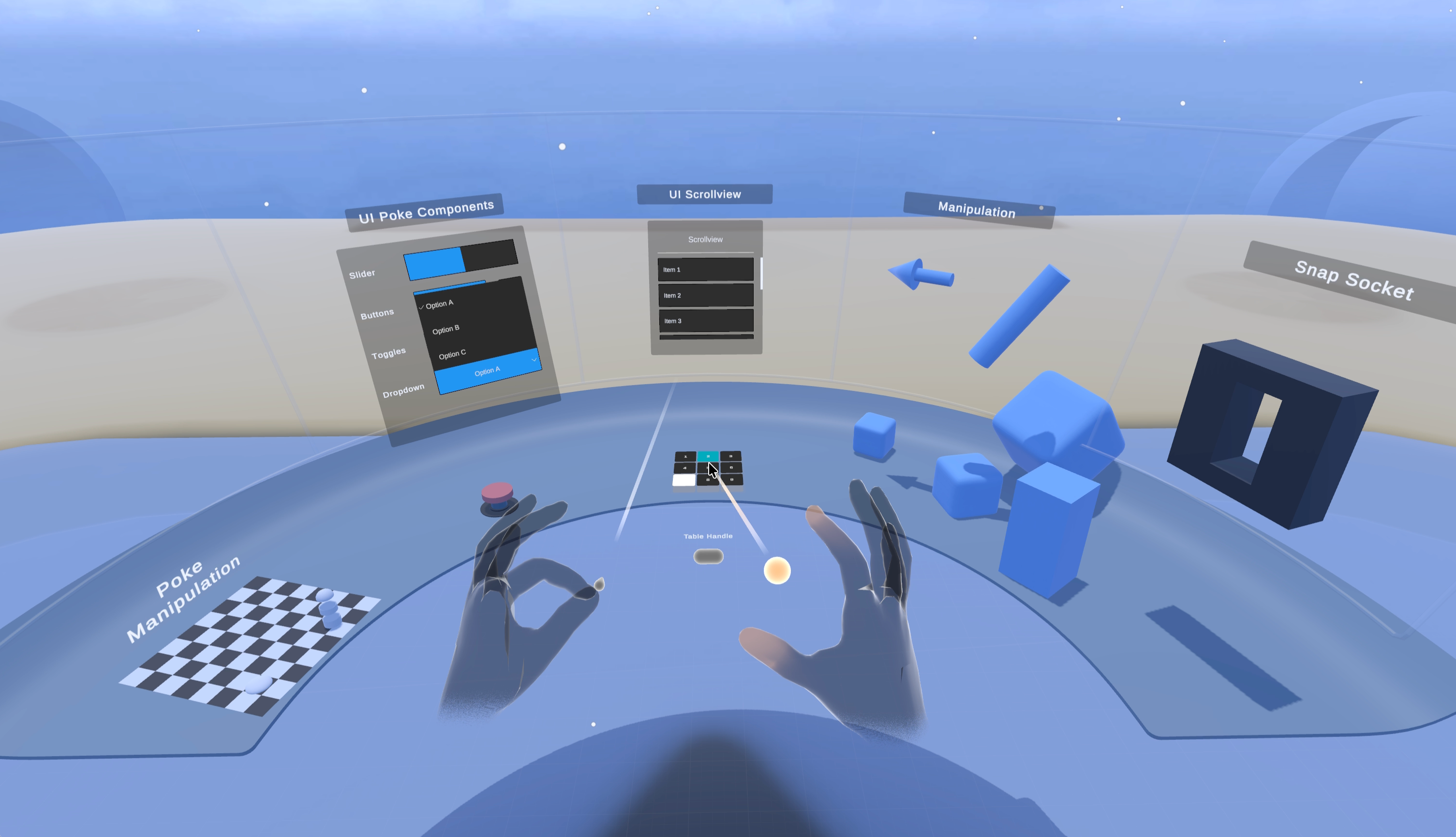 Click to enlarge image Unity XR reference scene showing hand gestures, spatial UI panels, object manipulation, scrolling, and snap sockets.