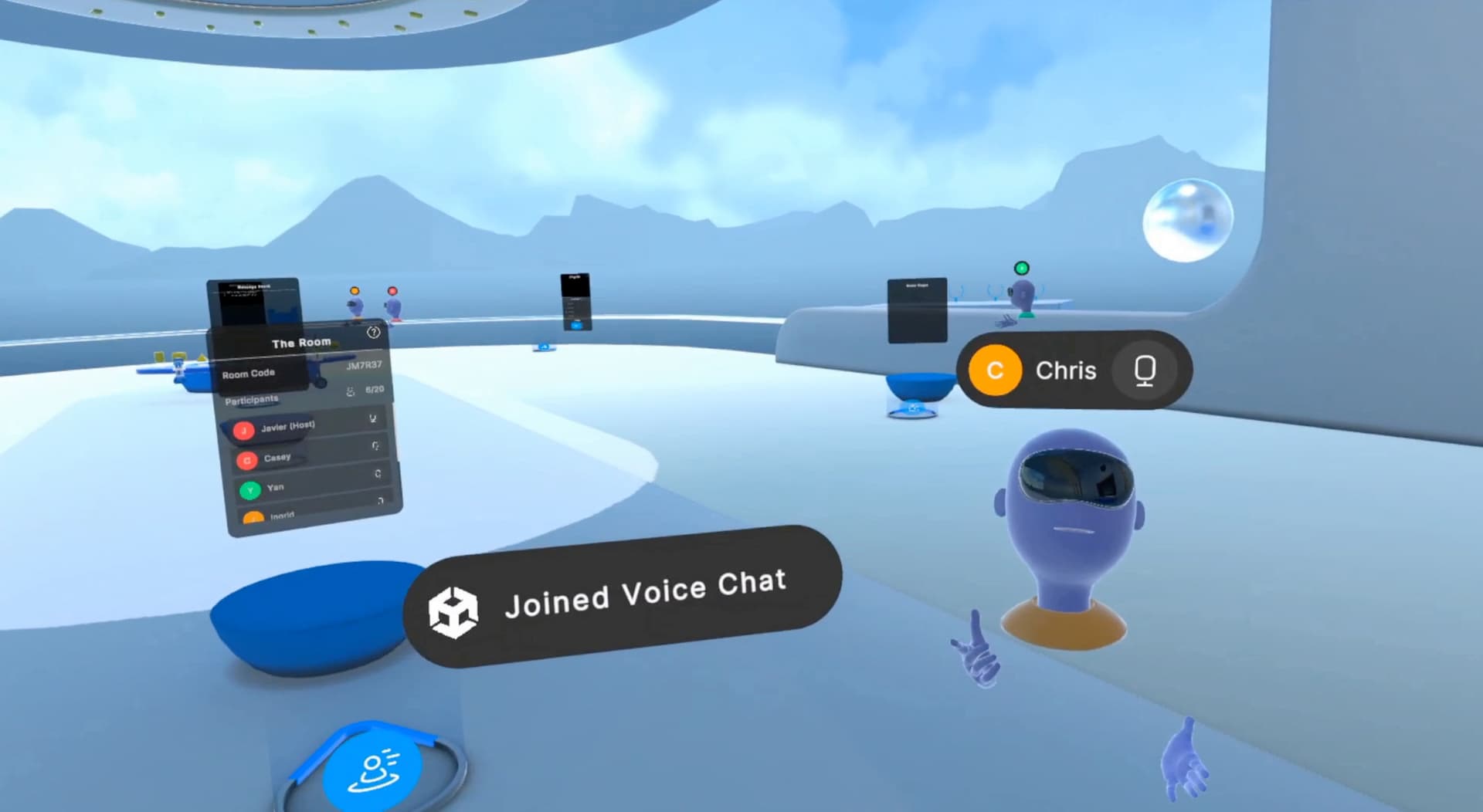 Unity VR Multiplayer Template reference scene from 2024: avatars meet in a blue atrium with voice chat and room controls.