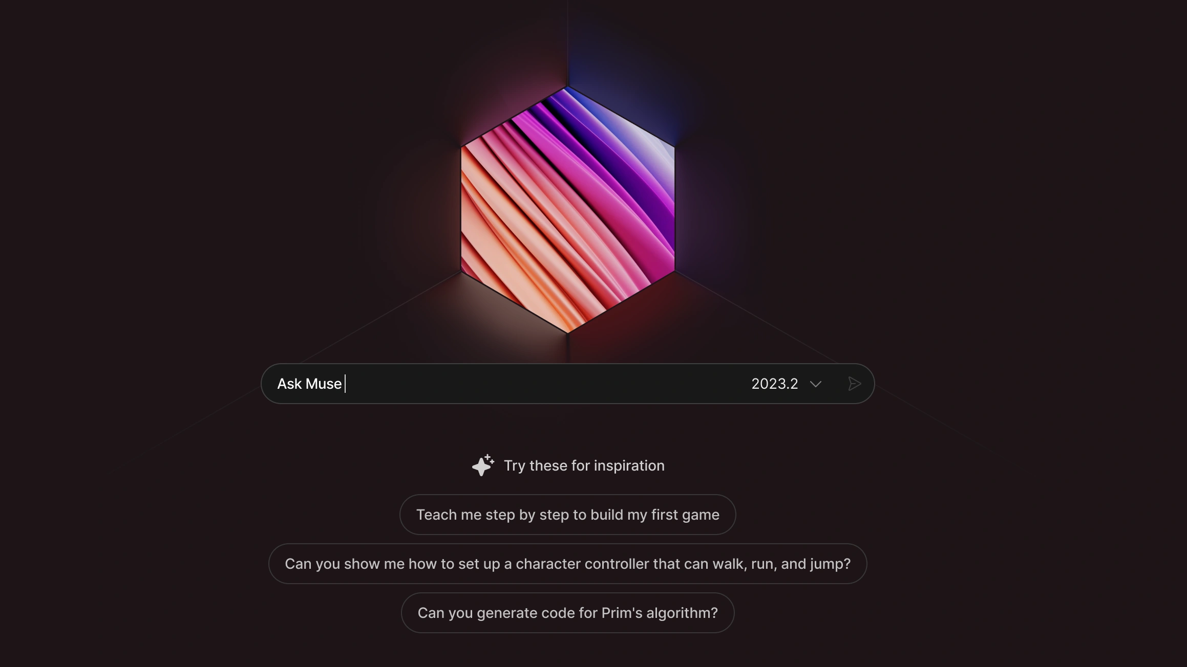 Unity AI — Muse Chat interface with Ask Muse input and suggested prompts