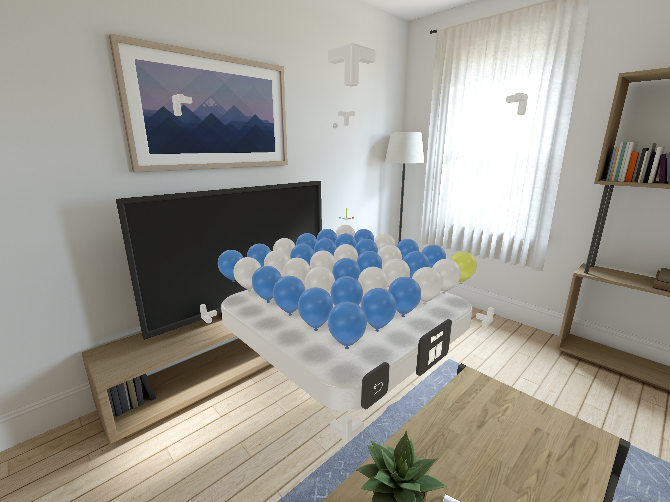 Click to enlarge image Unity PolySpatial Balloon Gallery sample with blue and white balloons inside a bounded volume in a living-room scene.