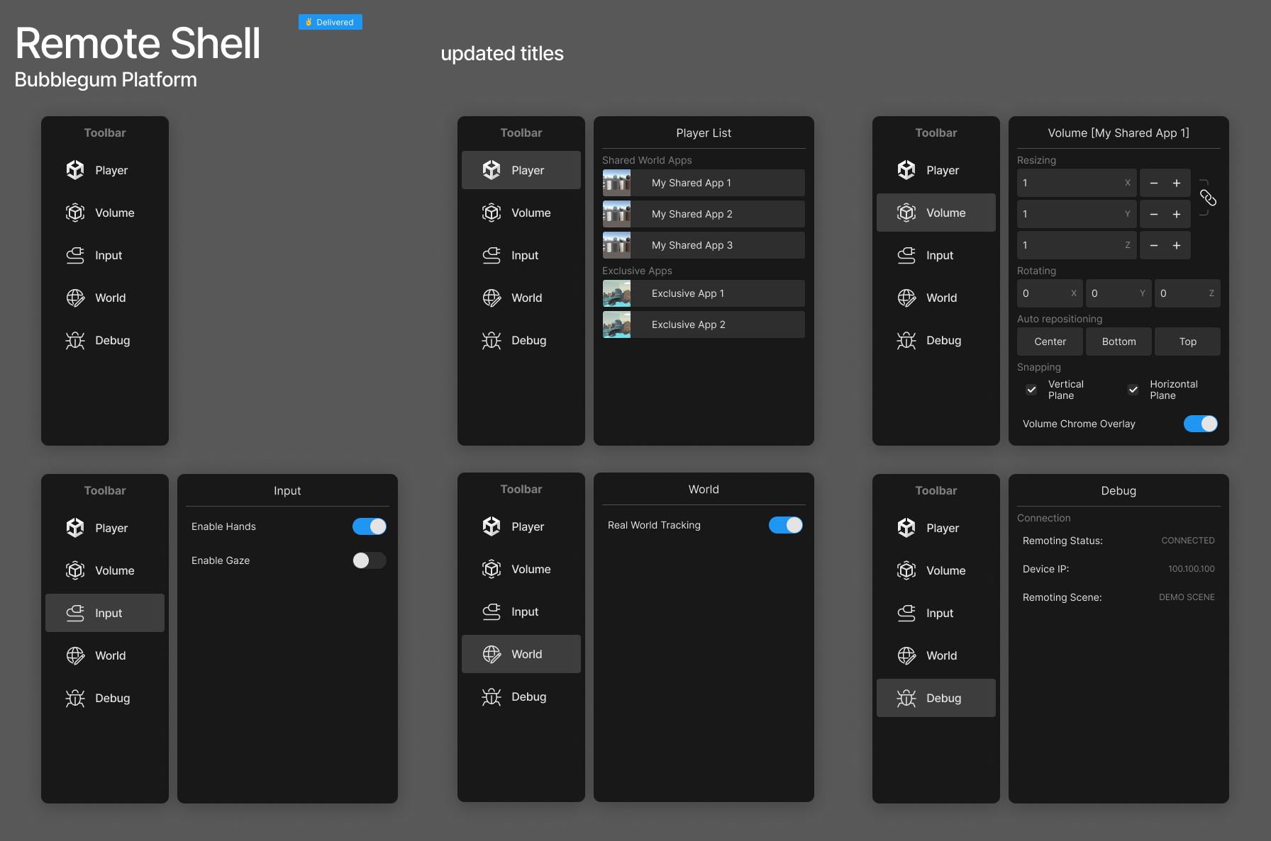 Historical Remote Shell designs showing Player, Volume, Input, World, and Debug panels
