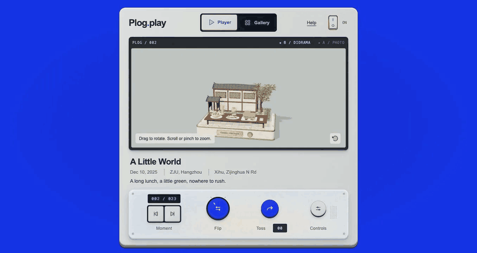 Plog.play's complete memory player on a blue background, with rotating 3D diorama and physical playback controls