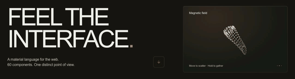 Optical UI’s dark Feel the Interface hero with the Magnetic Field particle ribbon rotating and responding to hover