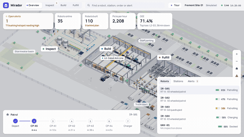 Mirador’s robot operations dashboard with a 3D site map for inspection, assembly, and fulfillment.