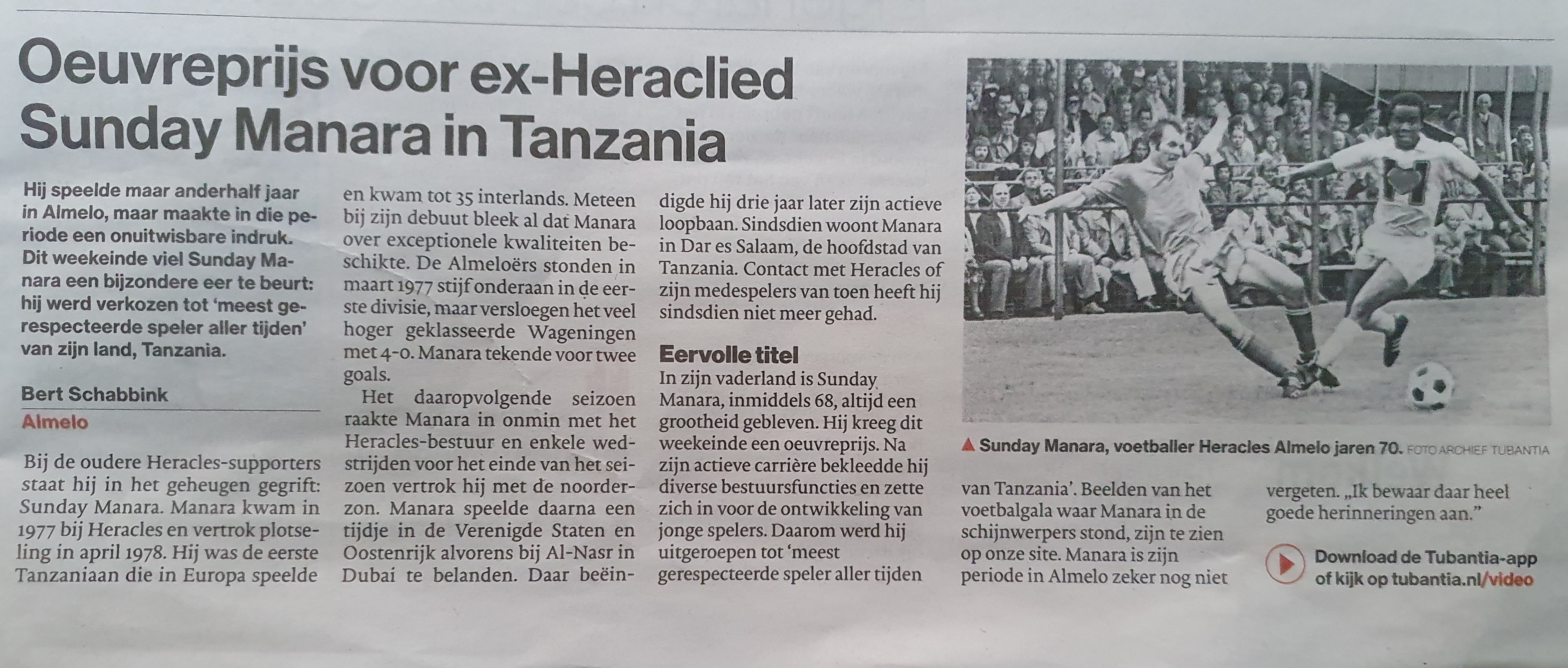 Artikel over oeuvreprijs Manara in Tubantia