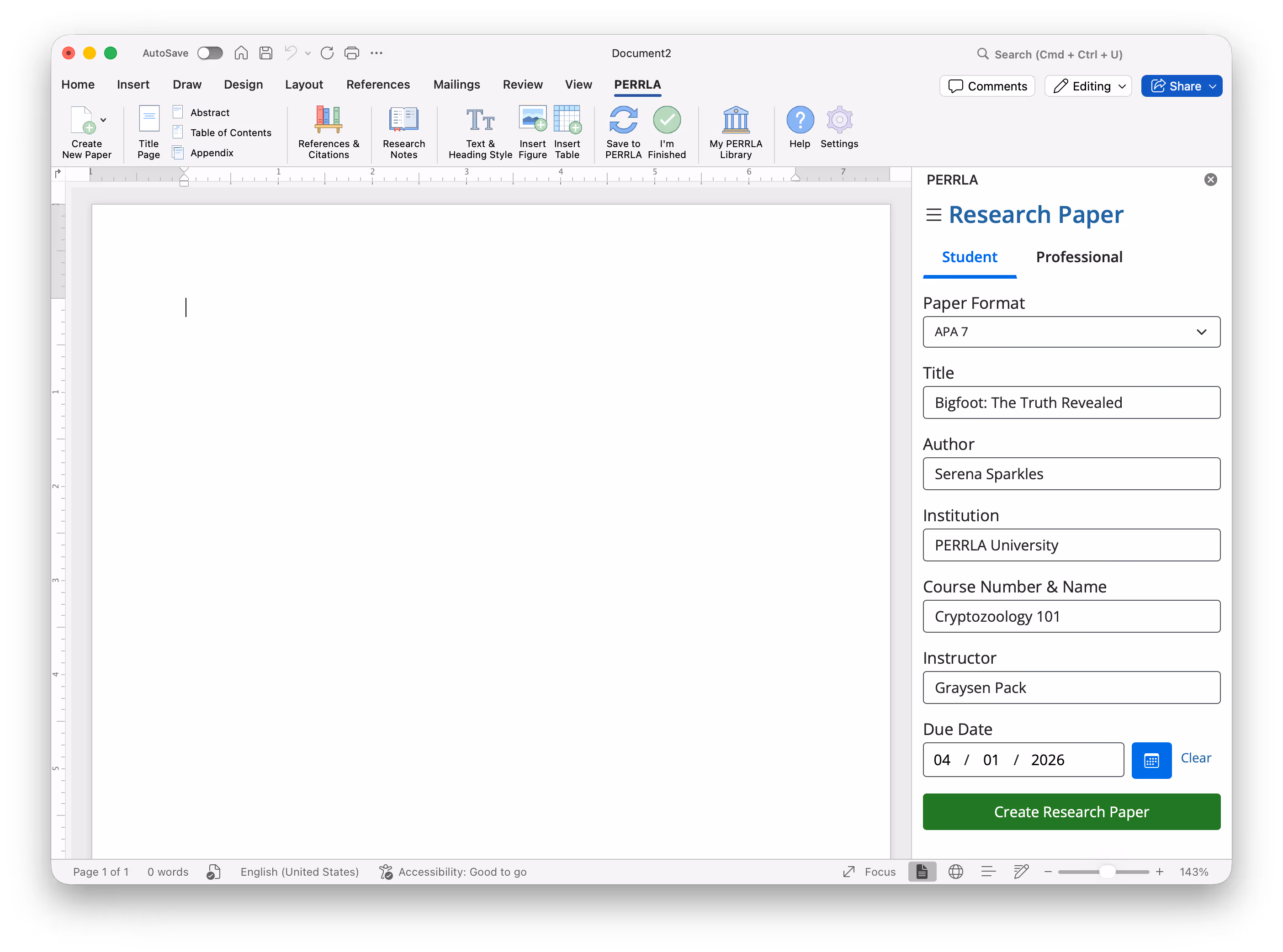 Image of creating a paper using PERRLA in Microsoft Word