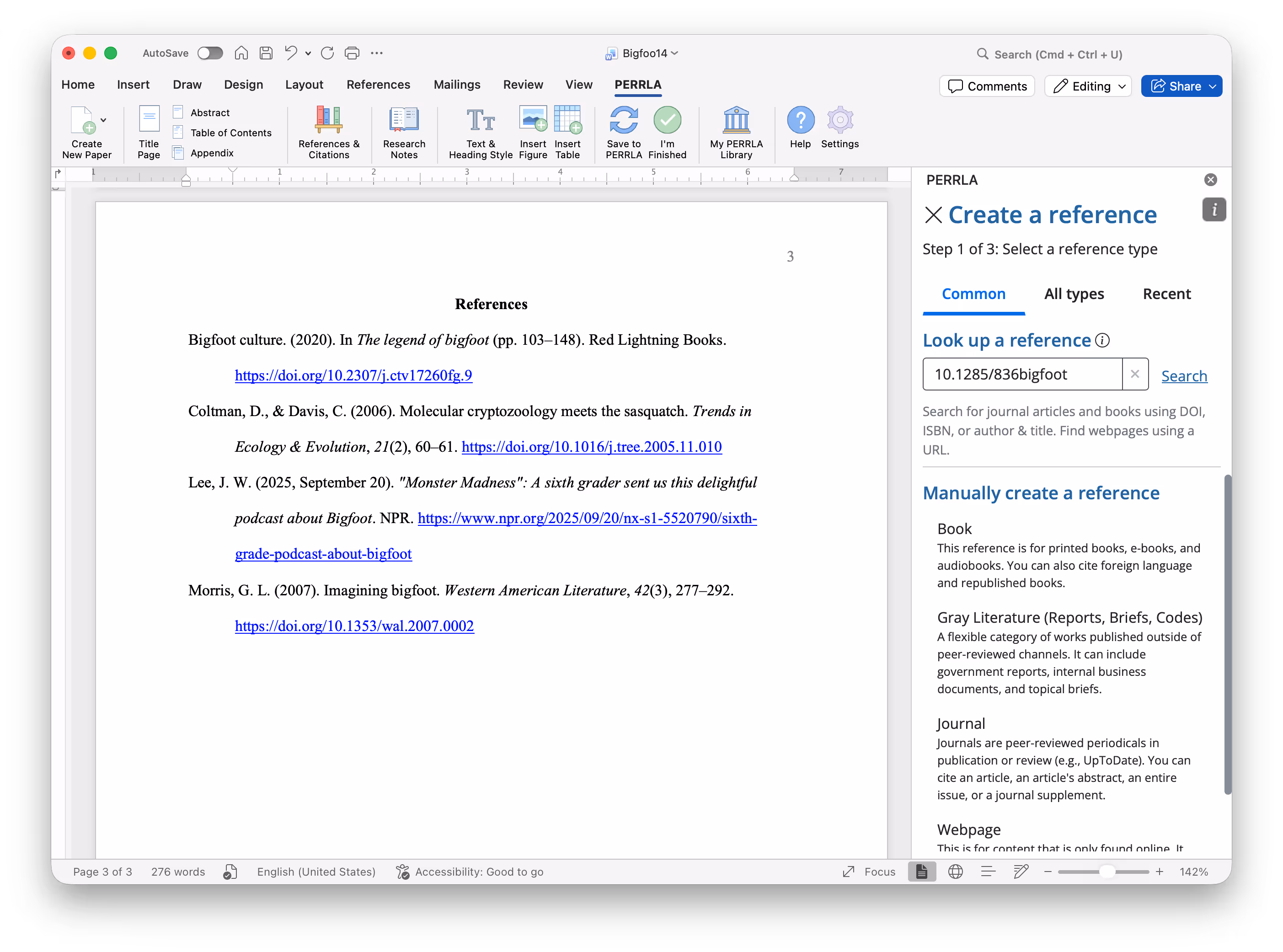 Image of creating a journal article reference in PERRLA
