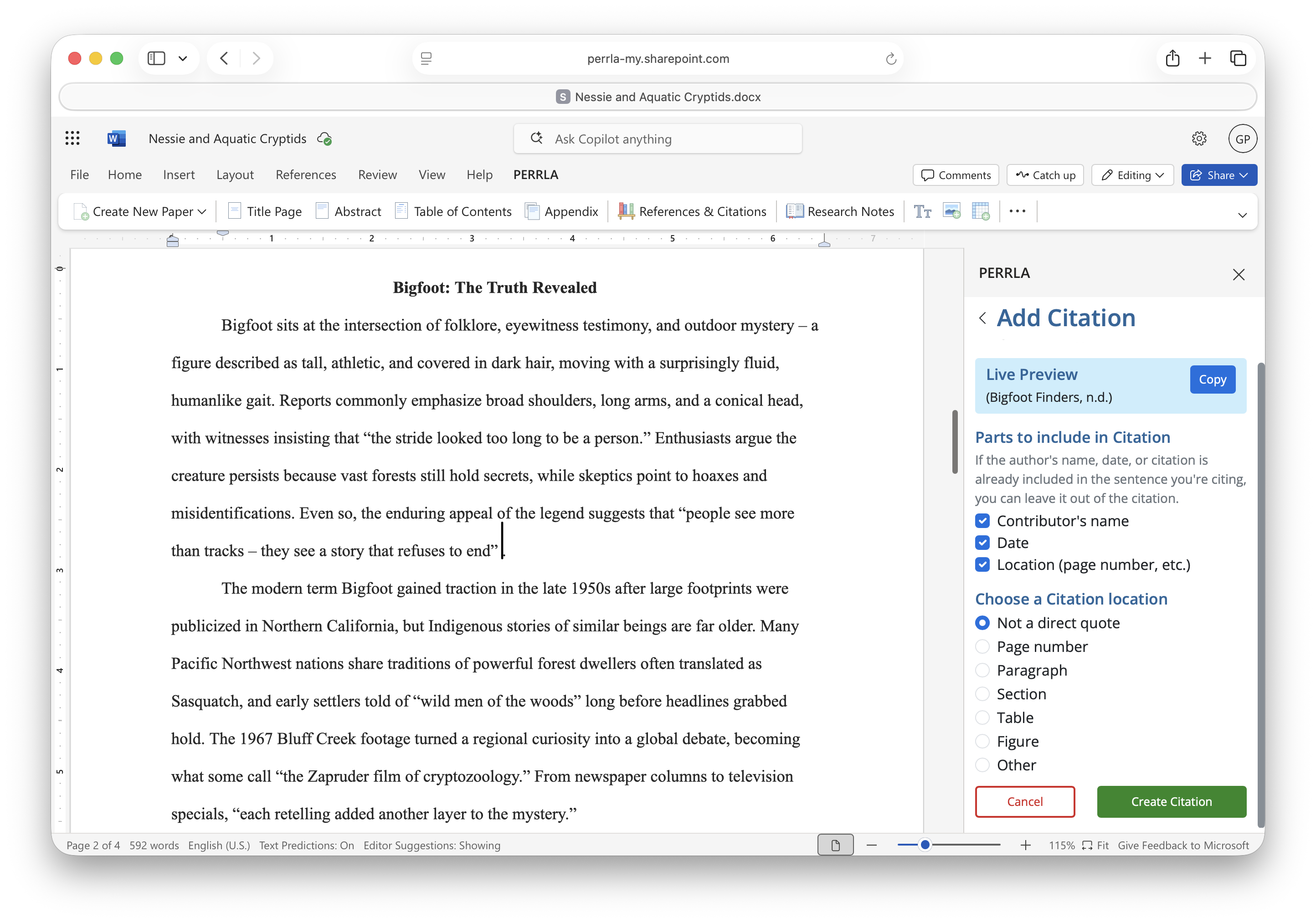 Image of adding a citation to you paper in Word for Web