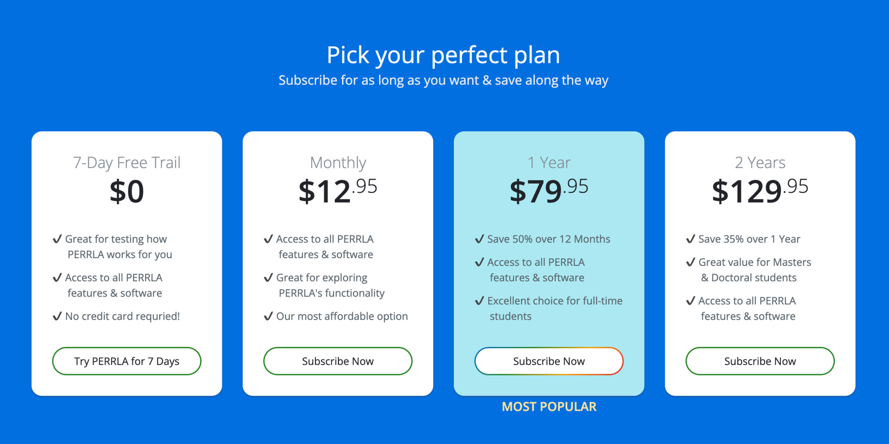 PERRLA pricing plans comparison showing 7-day free trial, monthly, 1-year, and 2-year subscription options with pricing, feature access, and student savings for APA, MLA, and Chicago citation and paper formatting software.