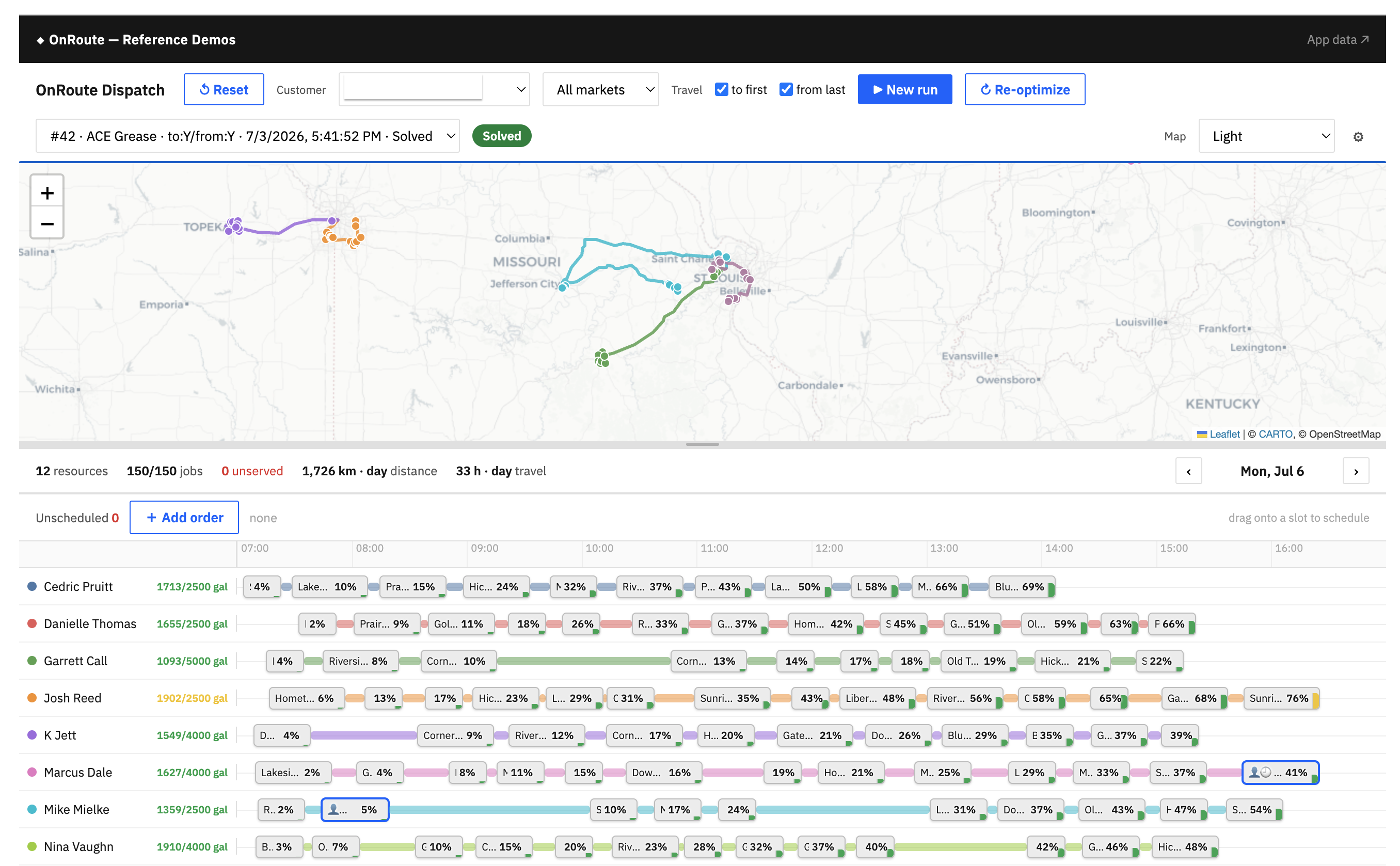 A custom operations app built on a low-code platform, powered by the Solvice optimization API