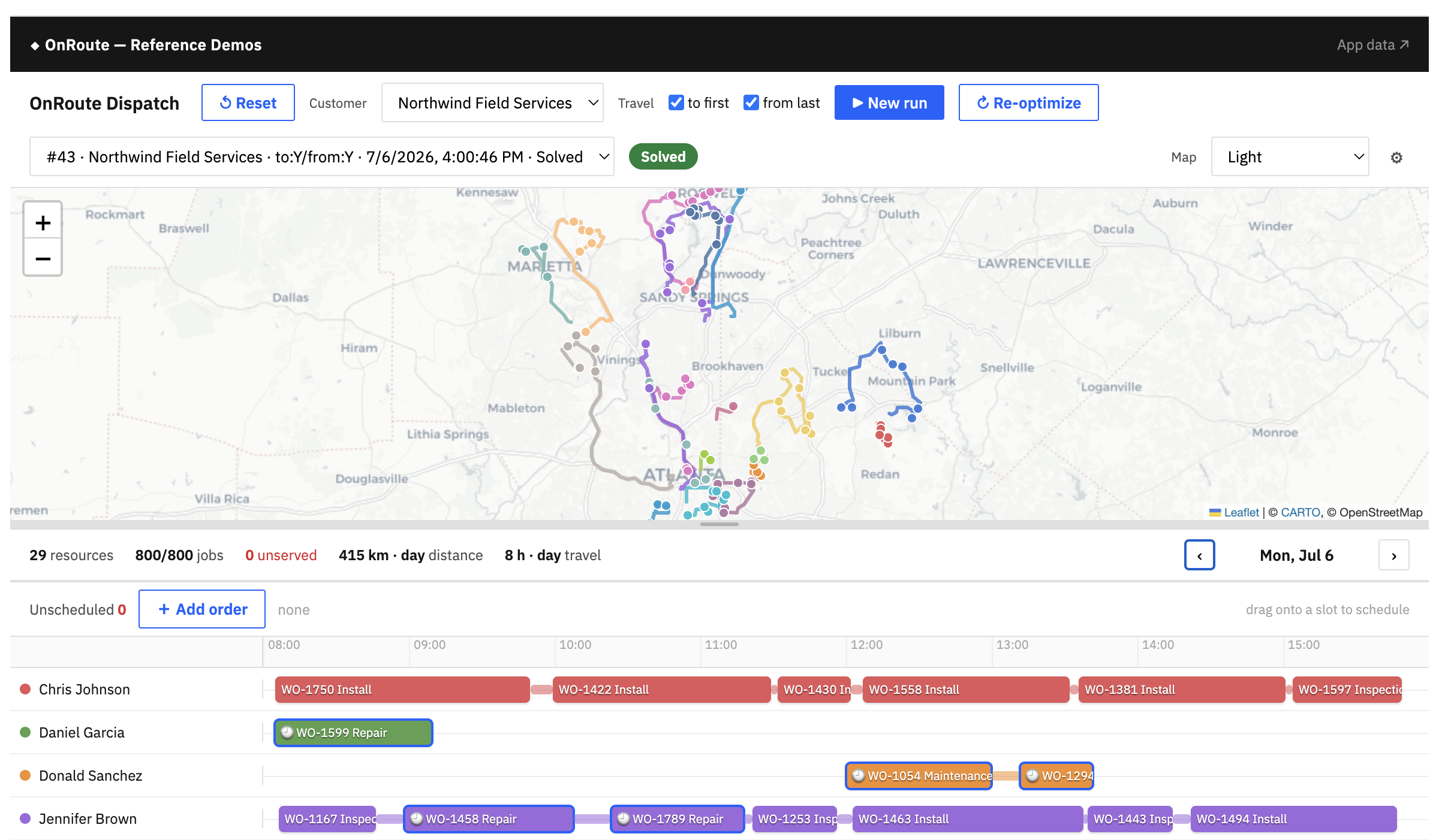 Map with colour-coded routes, one per vehicle