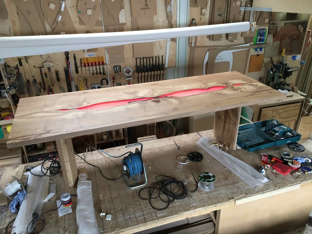 Illuminated table in workshop