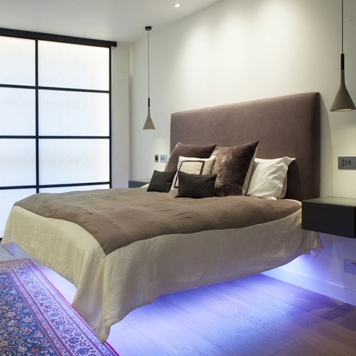Floating bed with RGB linear LEDs