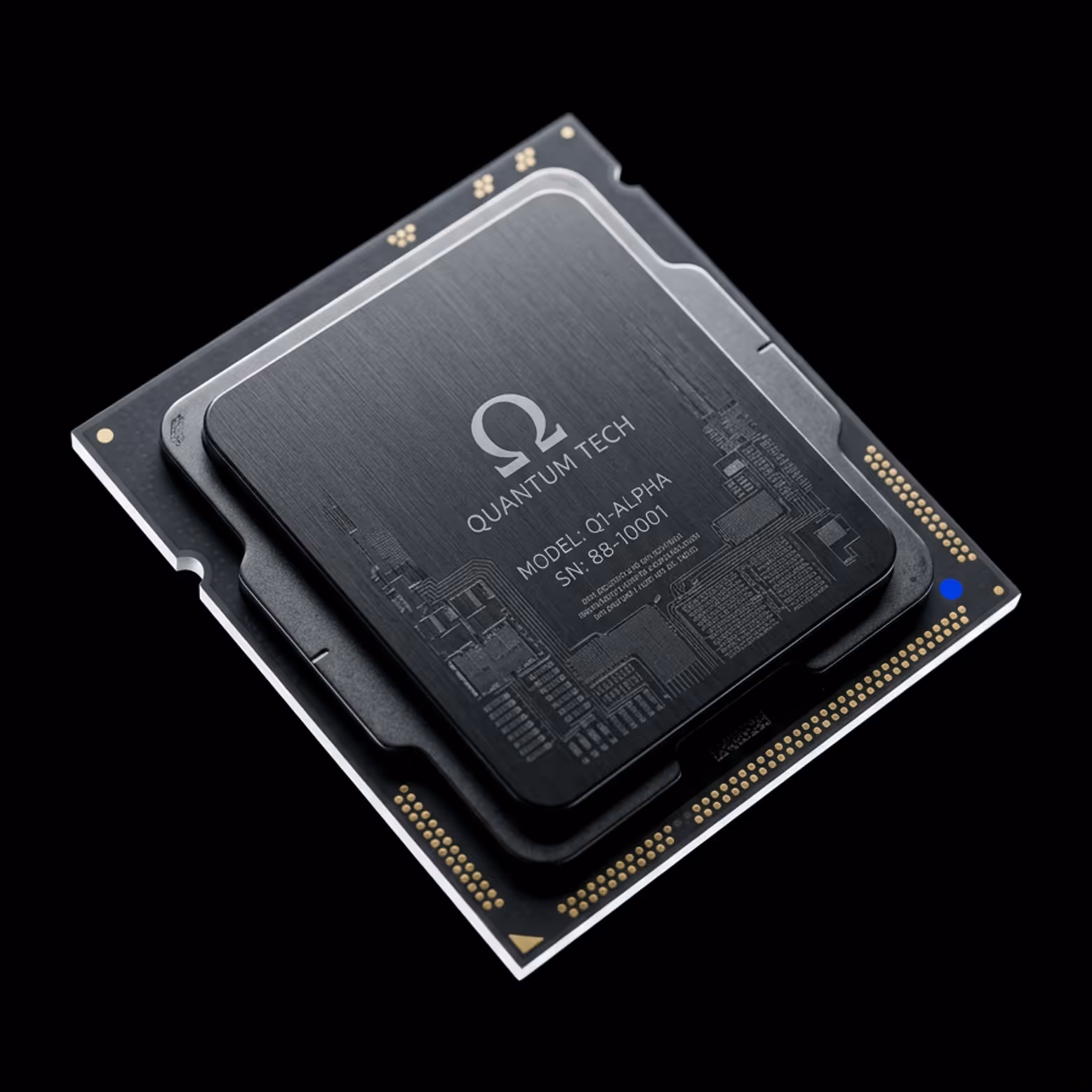 Black Quantum Tech Q1-Alpha chip with model and serial number on a black circuit board.