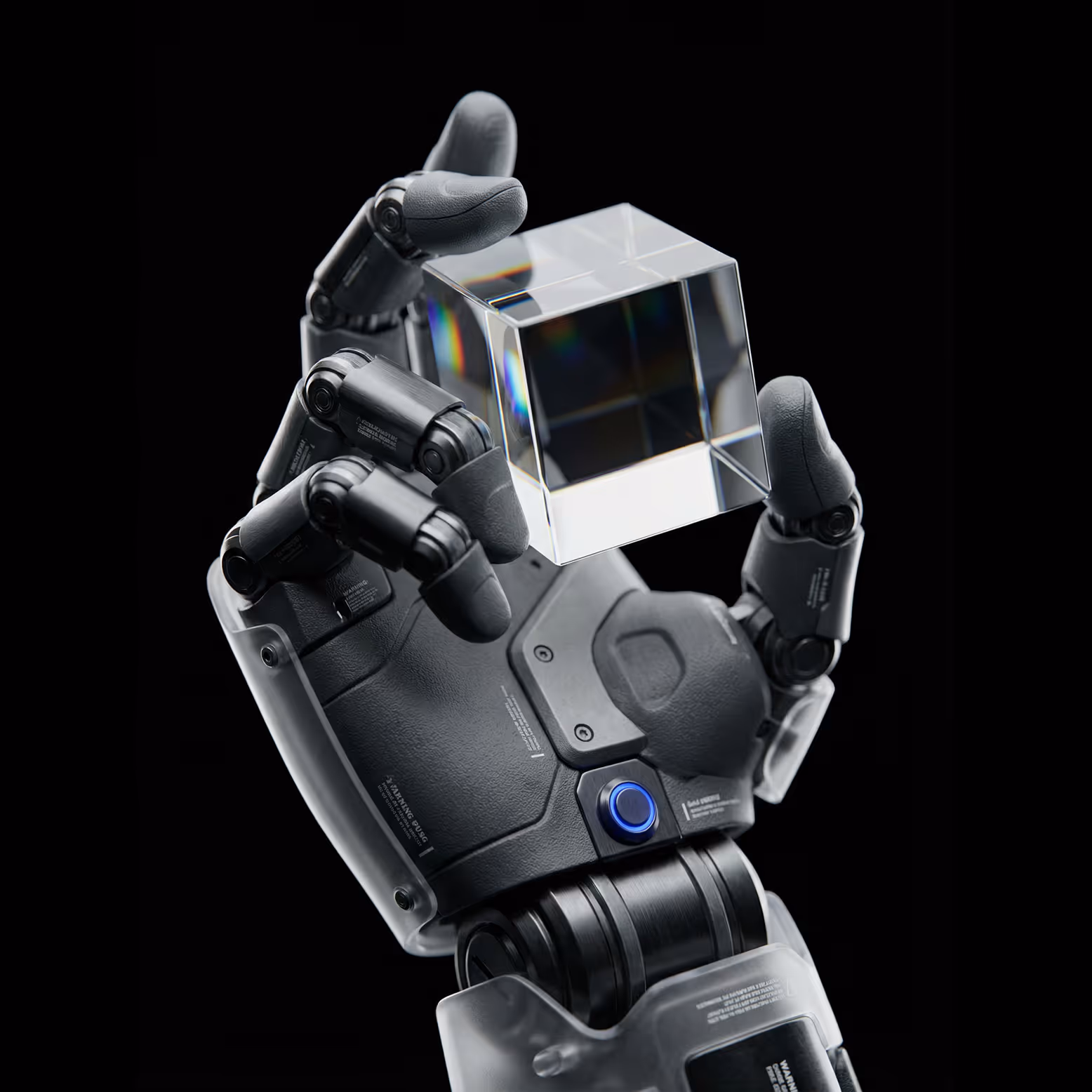 Black robotic hand holding a transparent glass cube against a black background.