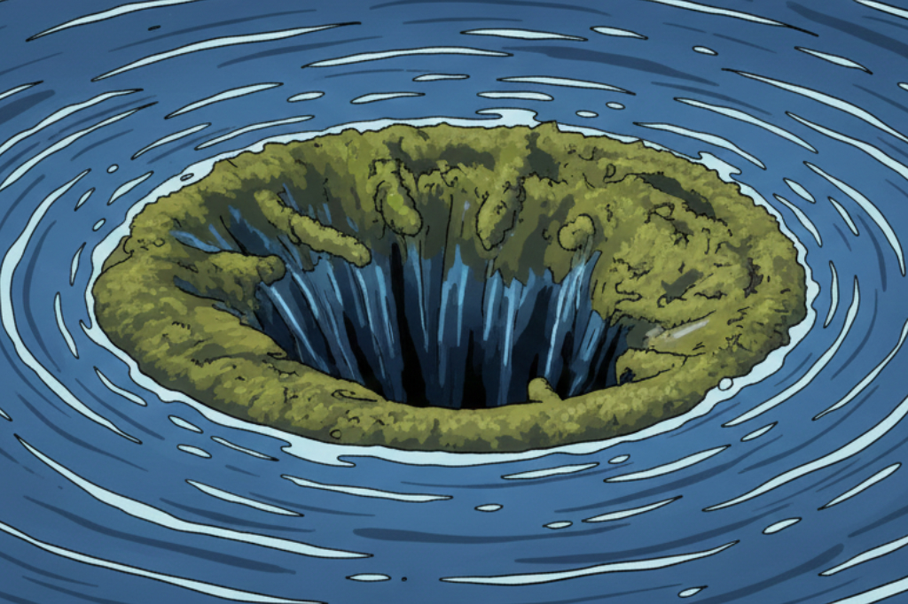 Tegneserieillustrasjon av et mosegrodd sluk eller en avløpskum som skaper en virvel i mørkeblått vann. Vannoverflaten viser konsentriske ringer som sprer seg utover.