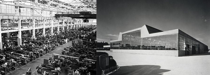 A machine shop in a Ford bomber plant during the Second World War and a 1938 Dodge plant