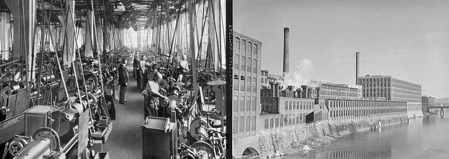 Lathes in a machine shop next to an image of an old factory.