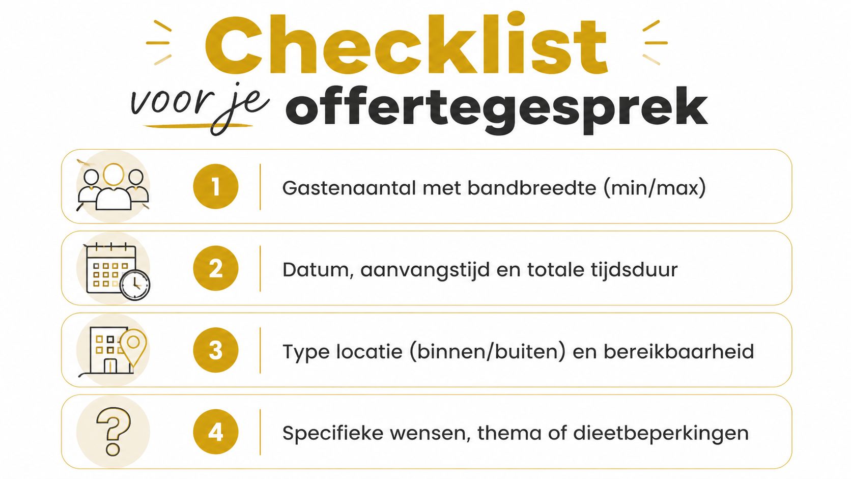 Een checklist voor je offertegesprek met vier belangrijke onderdelen voor het organiseren van evenementen en catering.
