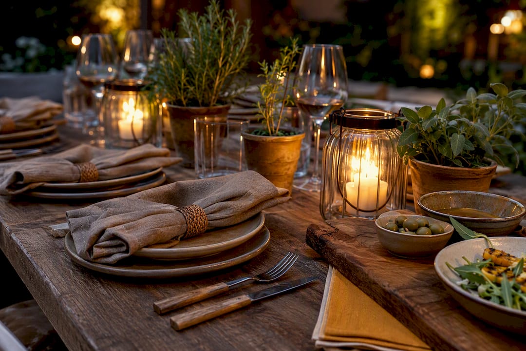 Gestyleerde BBQ-tafel met linnen en kruiden