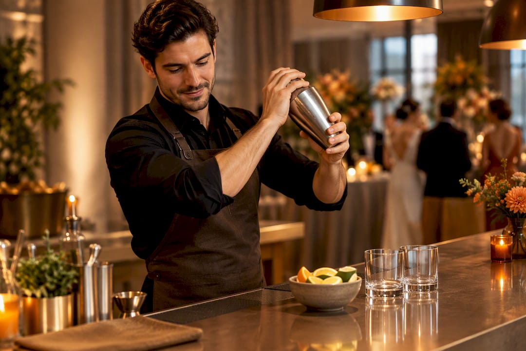Barkeeper maakt cocktail met shaker klaar