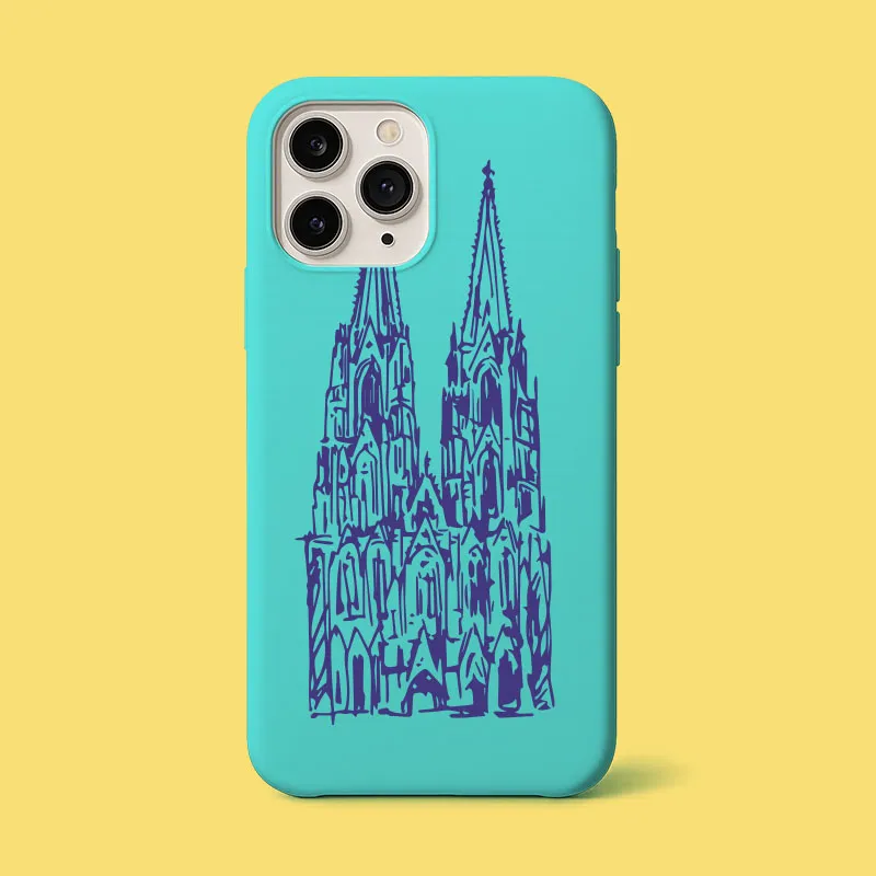 A blue iphone case with a drawing of a cathedral.