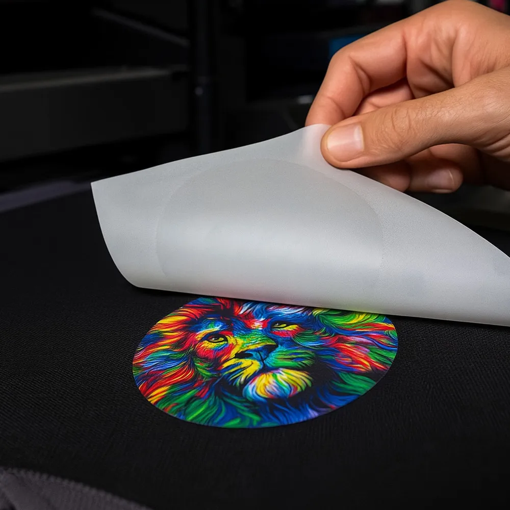 Nahaufnahme eines bunten Löwenkopfes auf scharzem Textil