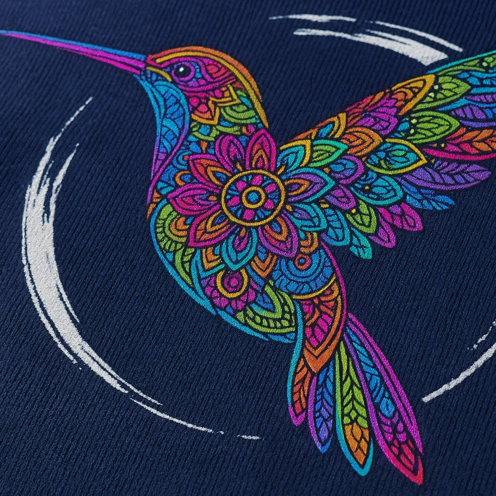 Nahaufnahme eines bunten Kolibris im Line-Art Stil, gedruckt auf dunkelblauem Textil