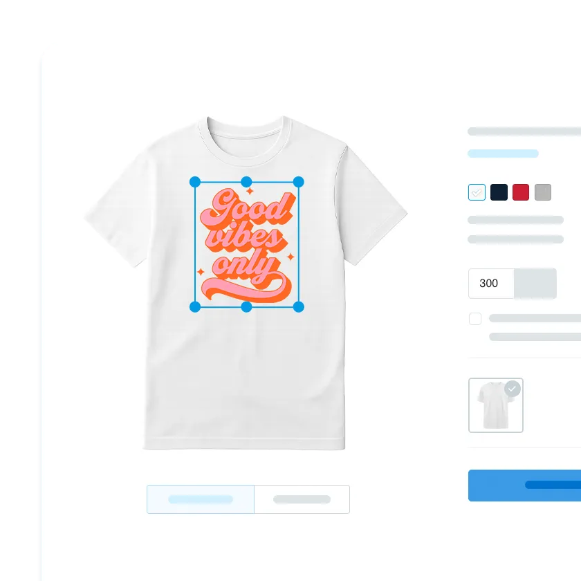 White T-shirt with orange and pink lettering that says 'Good vibes only' in a design editor interface.