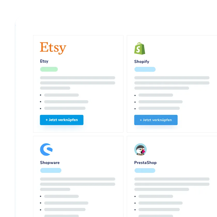 Interface showing options to link stores: Etsy, Shopify, Shopware, and PrestaShop with their logos and a blue button labeled '+ Jetzt verknüpfen'.