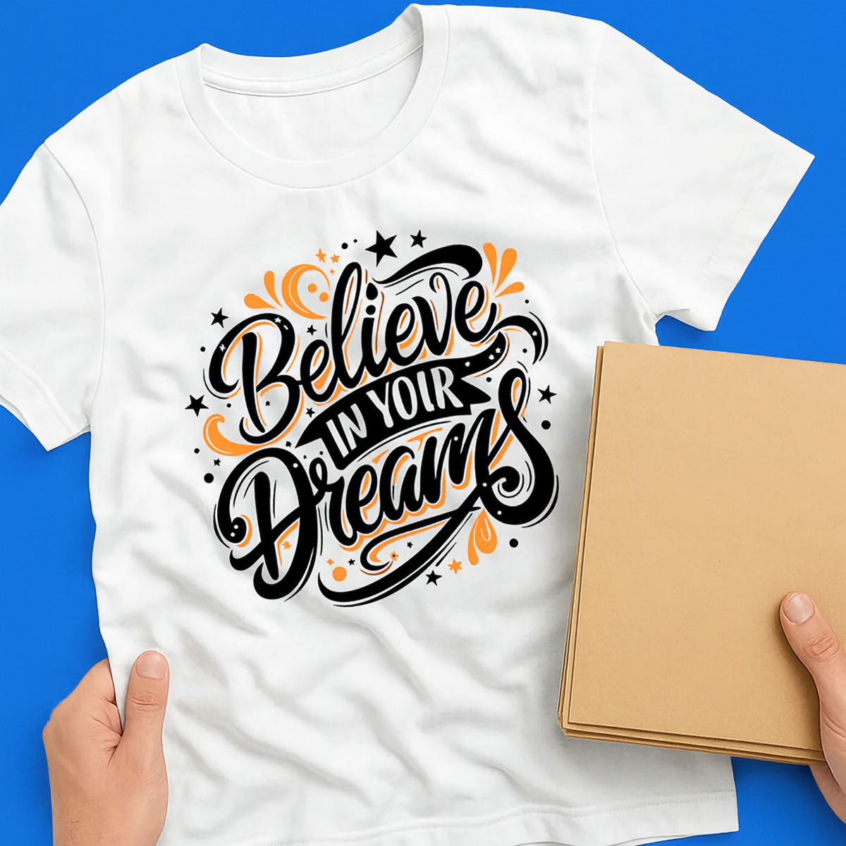 White t-shirt with decorative black and orange lettering saying 'Believe in Your Dreams' held by two hands against a blue background.