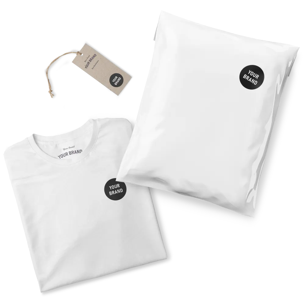 Folded white t-shirt with 'Your Brand' label next to a white sealed plastic package also labeled 'Your Brand' and a brown hang tag.