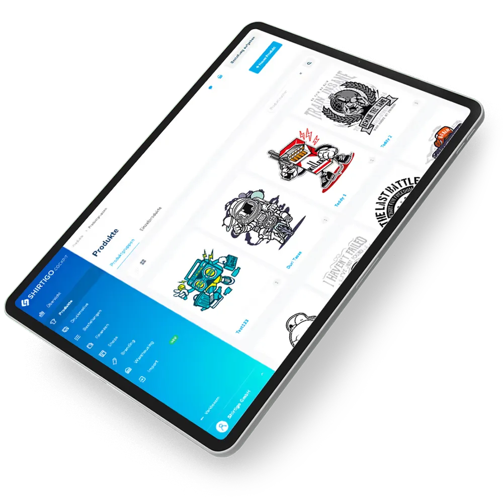 Tablet displaying a design management app interface with colorful graphic product thumbnails and a sidebar menu.