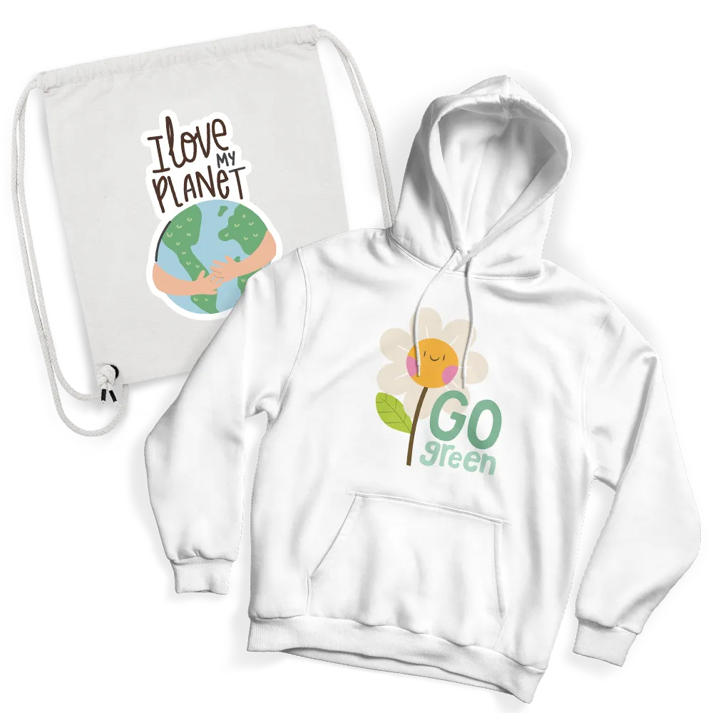 White drawstring bag with 'I love my planet' text and hugging Earth illustration, next to a white hoodie with a smiling flower and 'Go green' text.