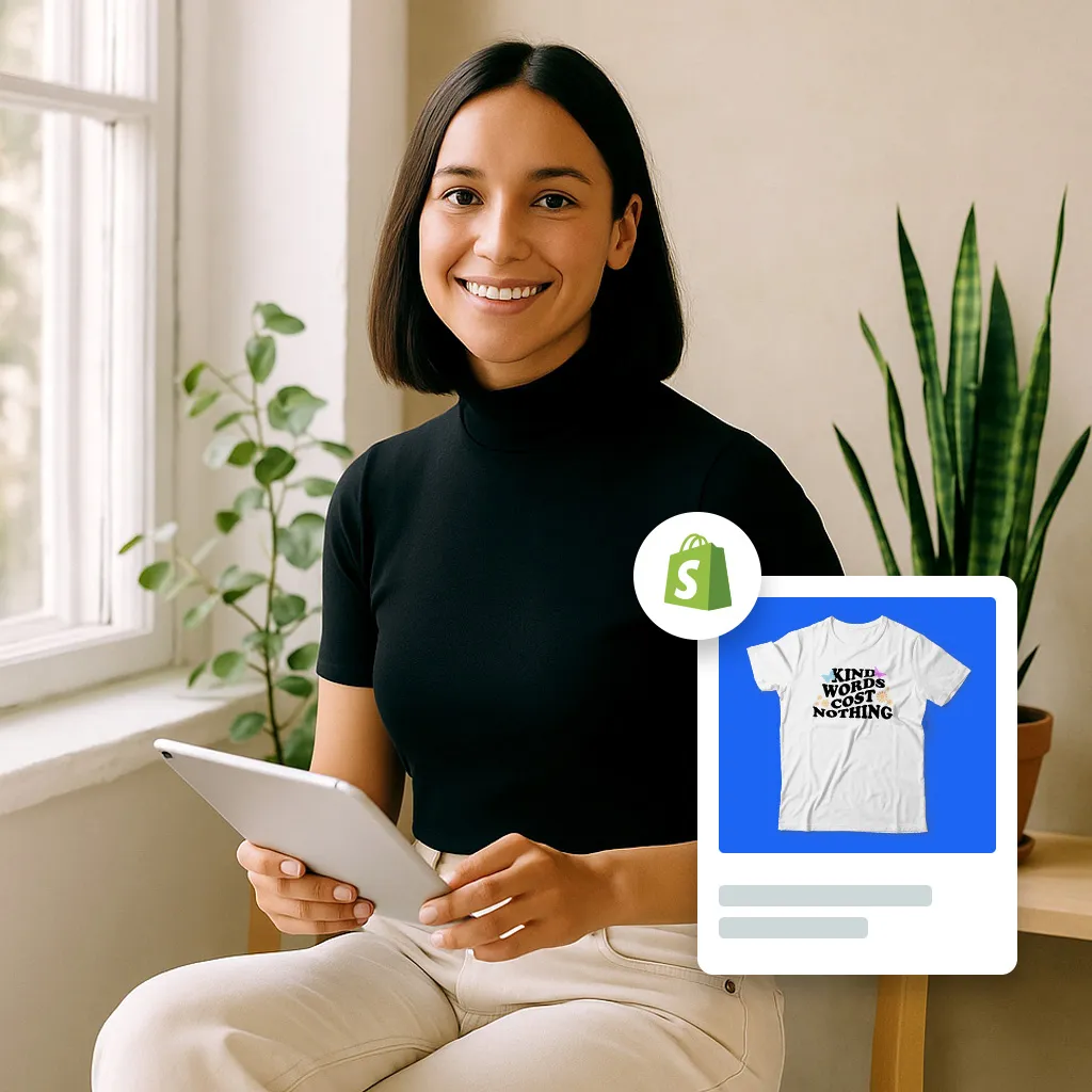Smiling woman with short dark hair holding a tablet, next to a graphic of a white T-shirt that says 'KIND WORDS COST NOTHING' with the Shopify logo overlay.