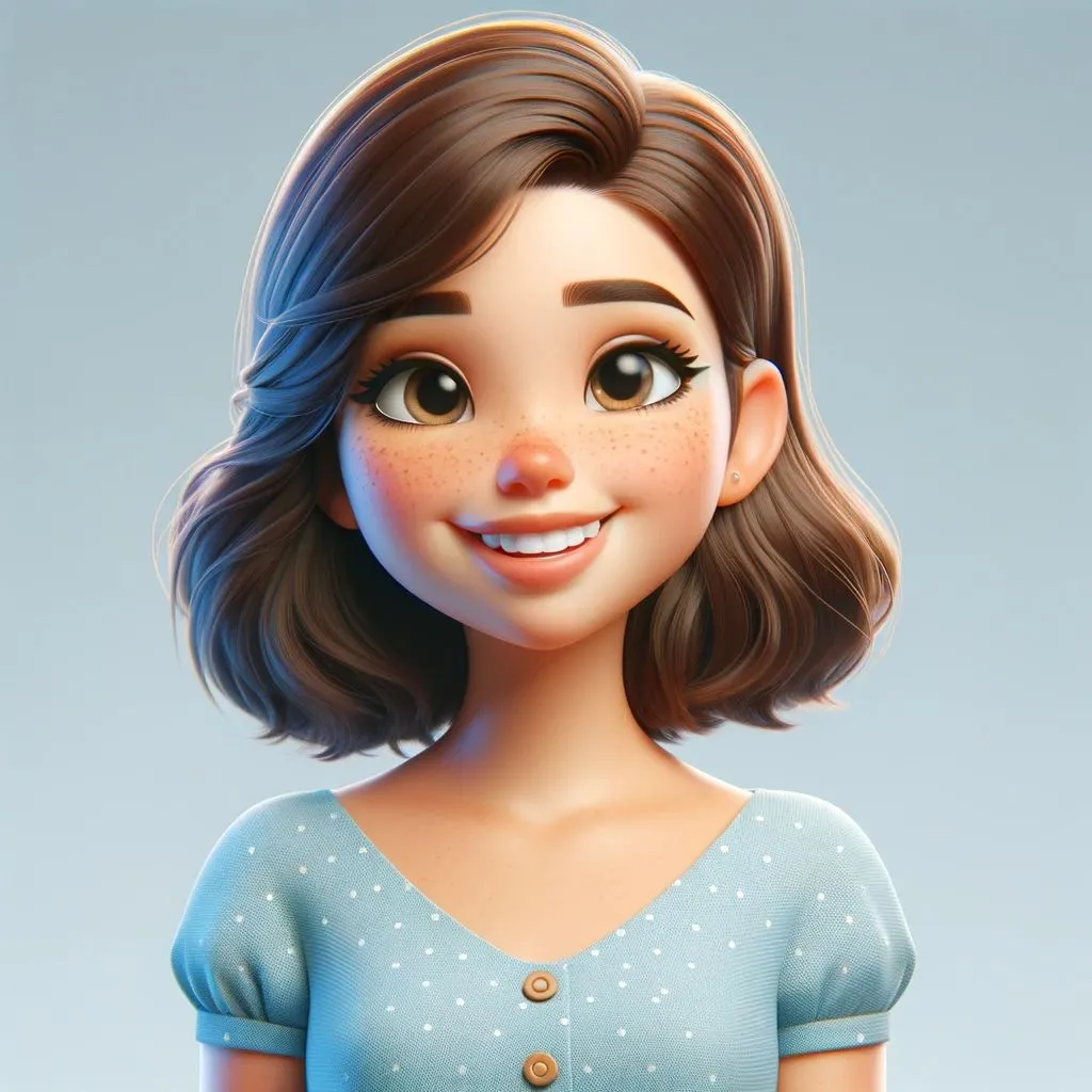 3D animated smiling young woman with brown hair wearing a light blue polka-dot blouse.