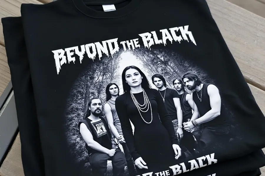Black t-shirt featuring black and white image of six band members standing in a forest with text 'Beyond the Black' above them.