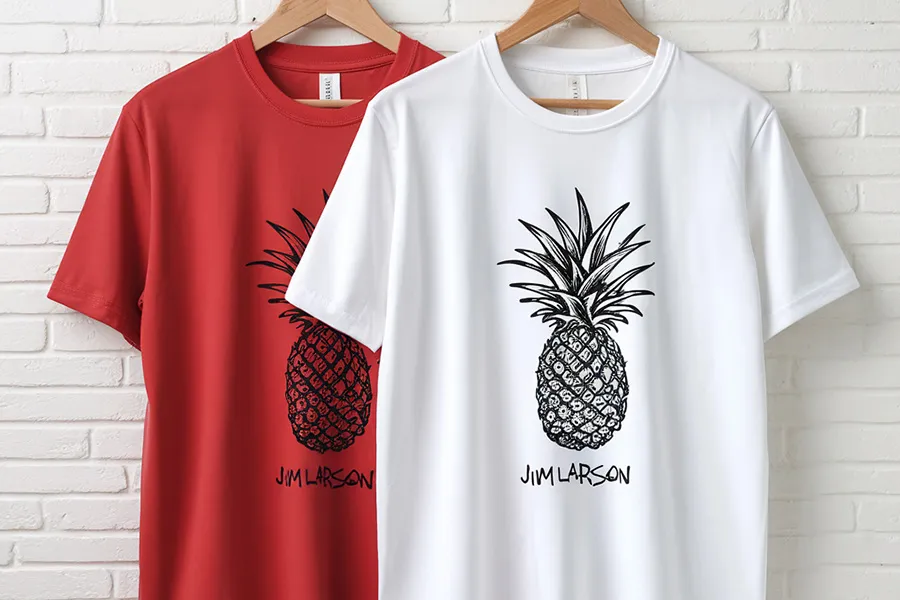 Red and white t-shirts hanging on wooden hangers featuring a black pineapple illustration with the text 'Jim Larson' below it.