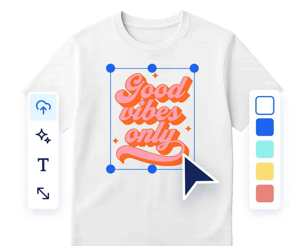 White t-shirt with a digital design interface showing the phrase 'Good vibes only' in pink and orange lettering being edited.