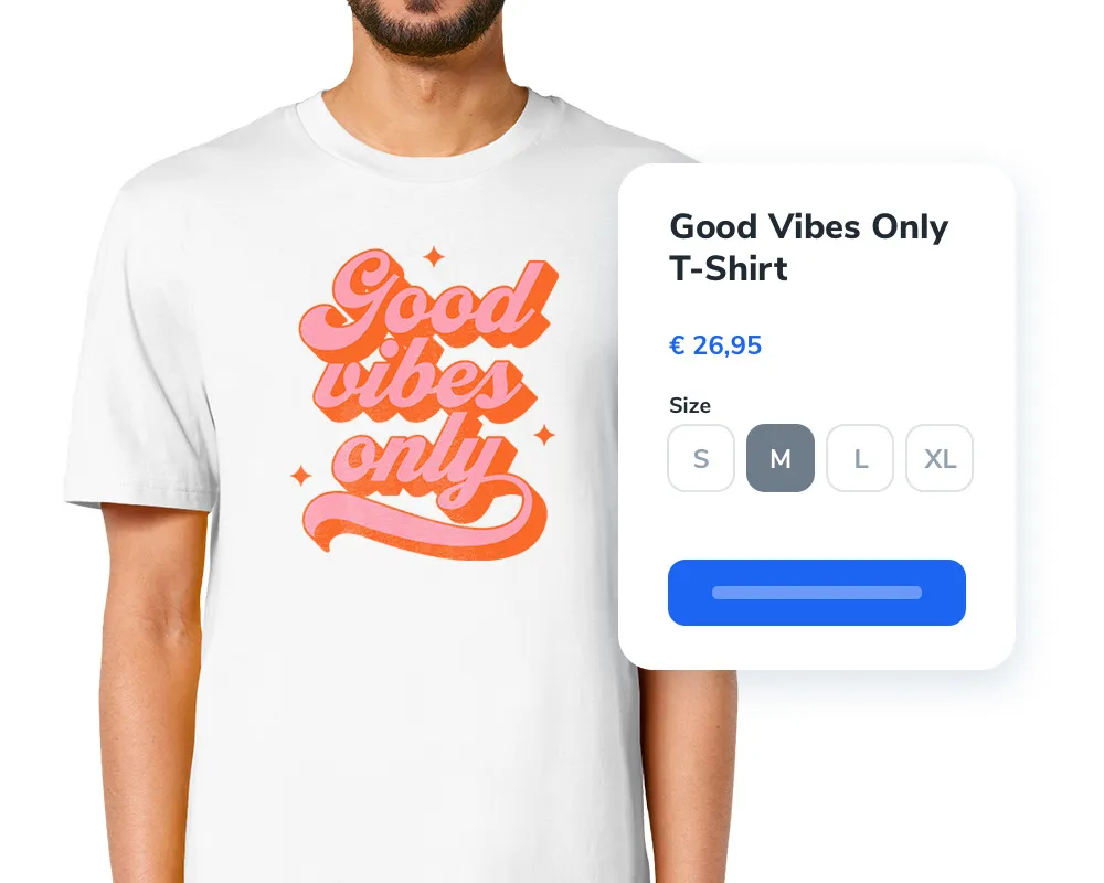 White T-shirt with pink and orange retro text reading 'Good vibes only' worn by a man, with size options and price €26,95 displayed.