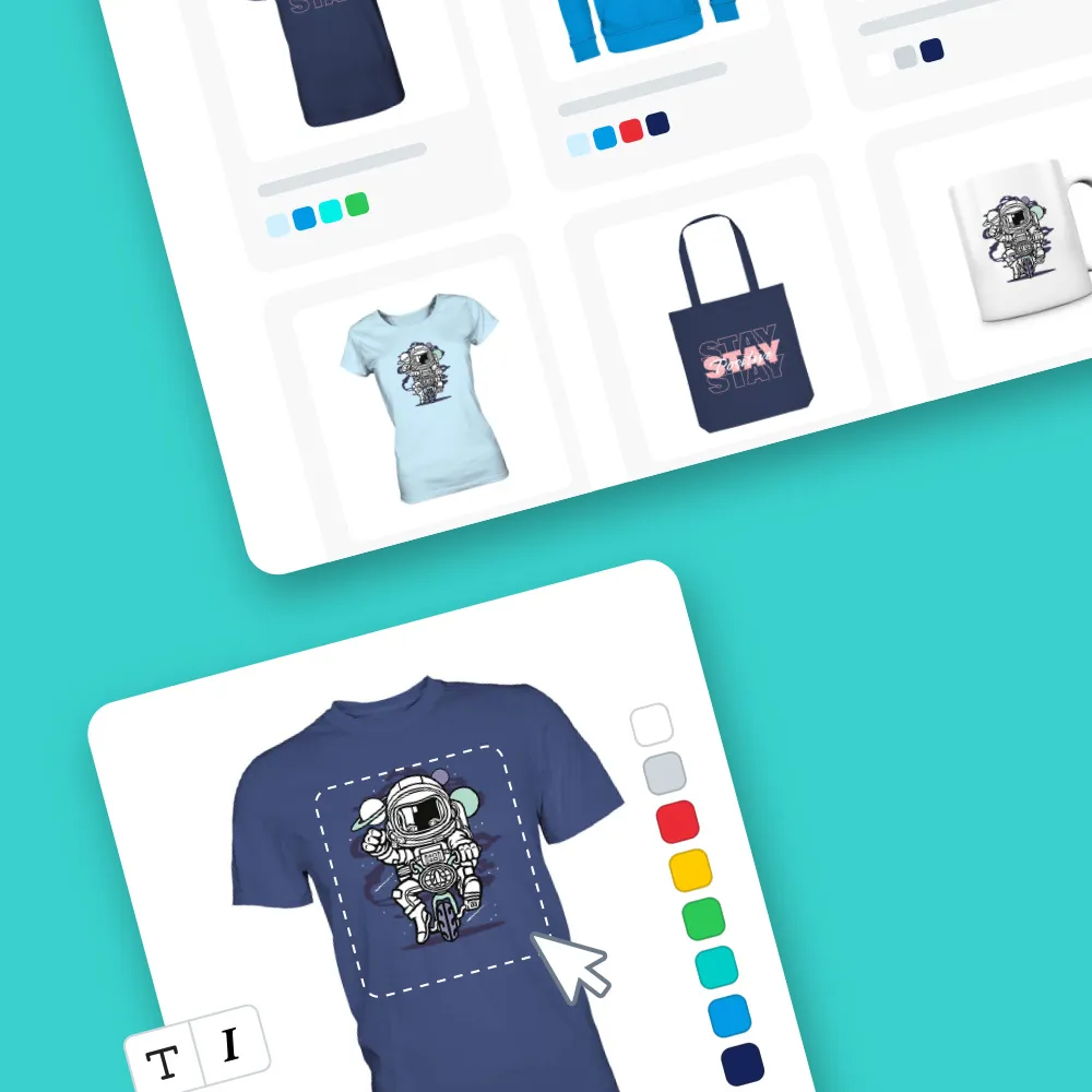 User interface showing customizable apparel items including a navy t-shirt with an astronaut graphic, a tote bag with 'STAY' text, and a mug with astronaut design on a light blue background.