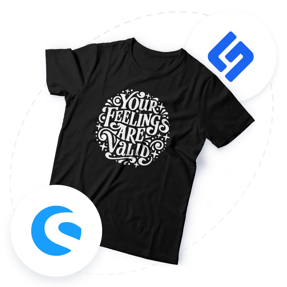 Black t-shirt with white decorative text reading 'Your Feelings Are Valid' surrounded by two circular logos with blue elements.