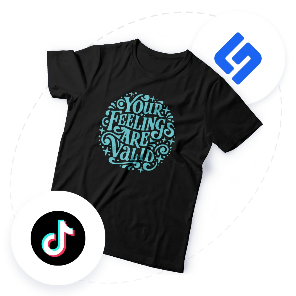 Black t-shirt with blue text saying 'Your Feelings Are Valid' surrounded by two circular logos, one of TikTok and one of another brand.