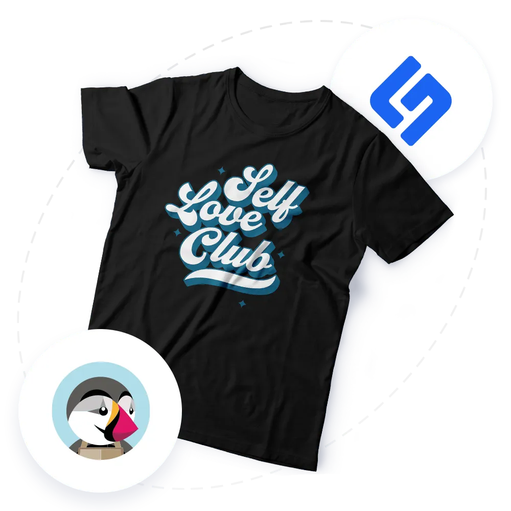 Black t-shirt with light blue and white text reading 'Self Love Club' surrounded by circular icons featuring a puffin and a stylized 'PS' logo.